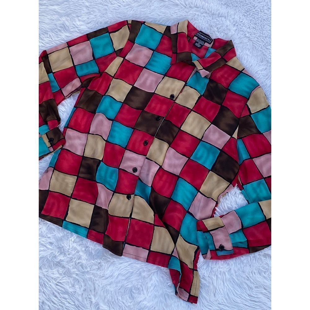 Elementz SZ M Woman’s Colorful Block Print Button Down Blouse/Top - Picture 4 of 10